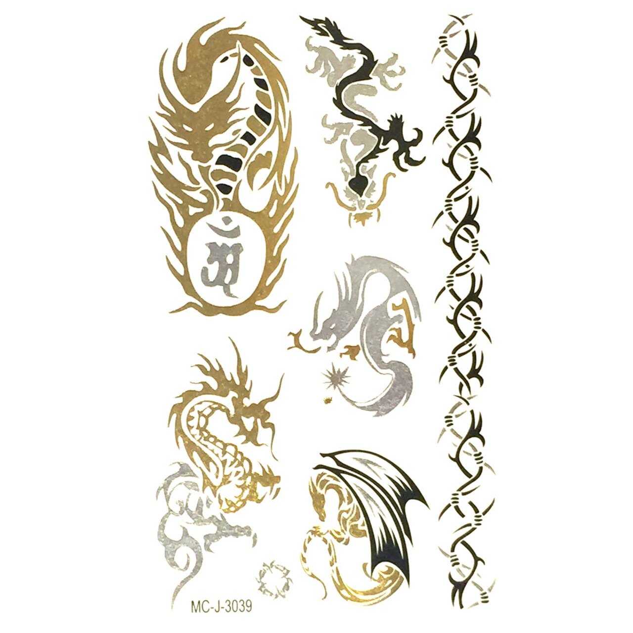 Wrapables Celebrity Inspired Temporary Tattoos in Metallic Gold Silver and Black, Dragon, Small